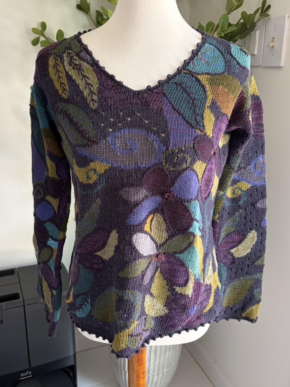 Peruvian Connection Multicolor Floral V-Neck Sweater